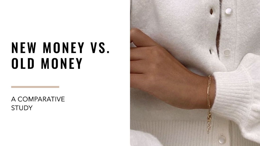 Feature image for the blog post 'New Money vs. Old Money Aesthetic: A Comparative Study', displaying a close-up of a woman's lower torso in a classic white button-up jumper.