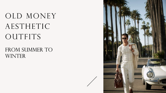 Feature image for the blog post 'Old Money Aesthetic Outfits: From Summer to Winter', showcasing a young man in all-white attire walking down a street with a briefcase and blazer, set against a background of palm trees and an old money style car.