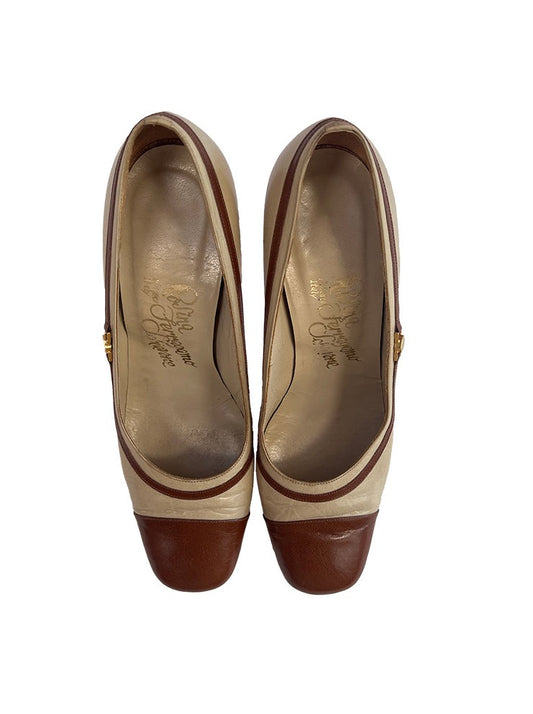 Italian Leather Beige Cap Toe Heels by Rosina Schiavone Ferragamo