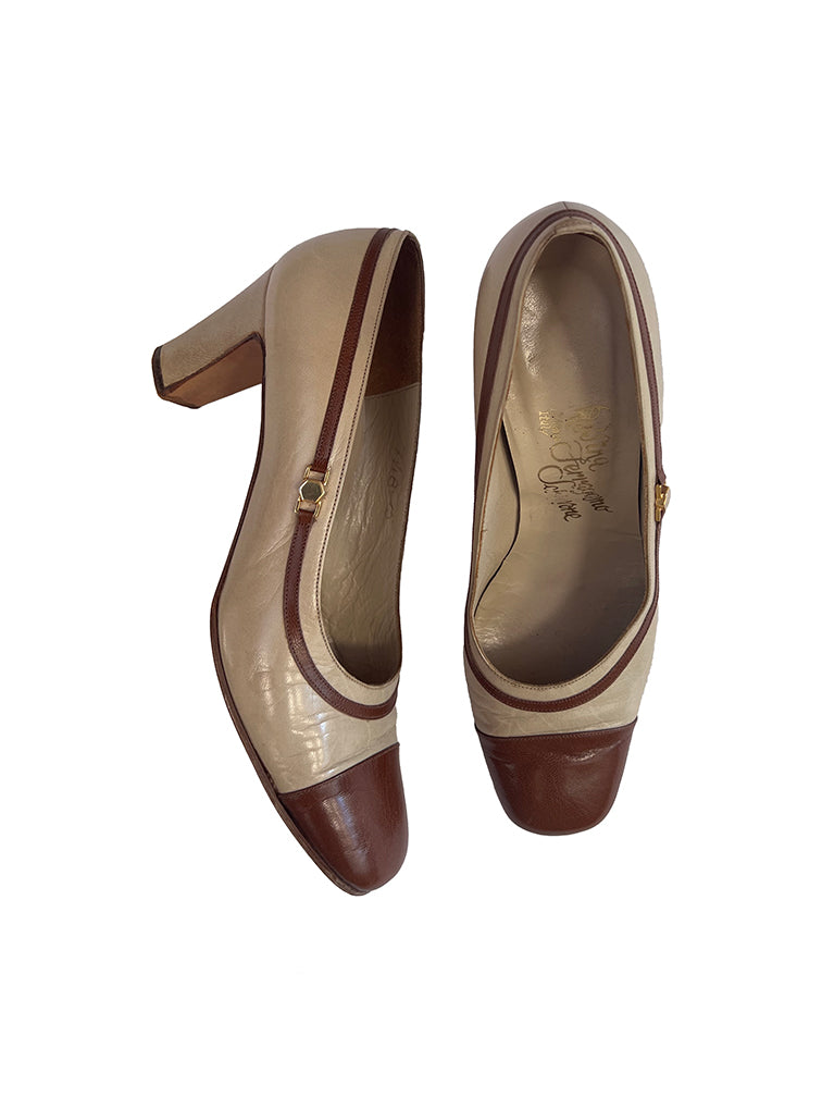 Italian Leather Beige Cap Toe Heels by Rosina Schiavone Ferragamo