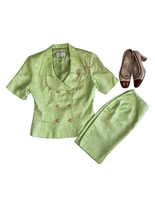 Lime Green Silk-Lined Skirt Suit Set by Anthea Crawford